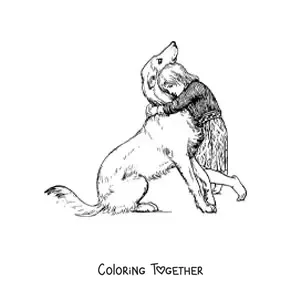 Coloring page of a girl hugging a sitting dog