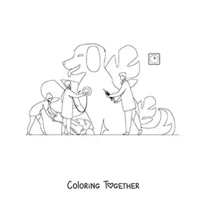 Coloring page of several vets healing a giant dog