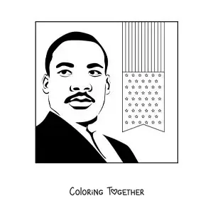 Coloring page of a portrait of Martin Luther King with the USA flag