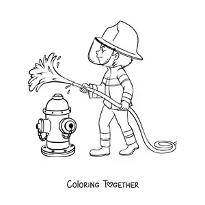 Coloring page of a firefighter putting out a fire with a hose