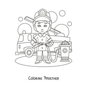 Coloring page of an animated firefighter next to a fire truck