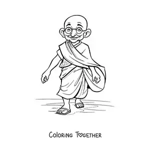 Coloring page of a cartoon of Mahatma Gandhi walking