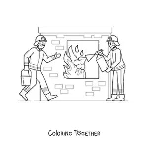 Coloring page of two firefighters putting out a fire