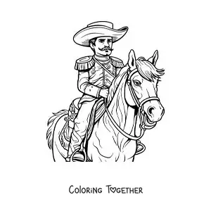 Coloring page of Emiliano Zapata on his horse in the Mexican Revolution