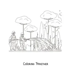 Coloring page of two firefighters putting out a forest fire