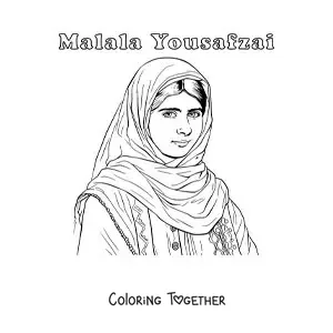 Coloring page of a portrait of Malala Yousafzai with her name