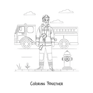 Coloring page of a uniformed firefighter in front of a fire truck