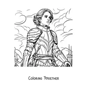 Coloring page of cartoon Joan of Arc in comic style in a battle