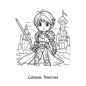 Coloring page of cartoon Joan of Arc in anime style in a battle