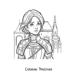 Coloring page of cartoon Joan of Arc in comic style in a battle