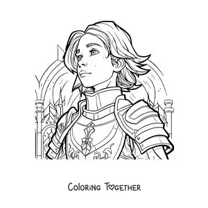Coloring page of cartoon Joan of Arc wearing her armor