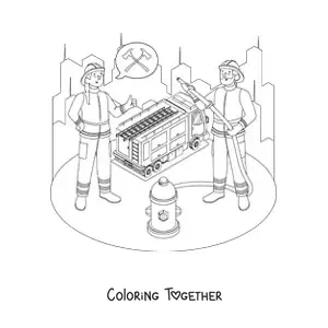 Coloring page of two firefighters and a fire truck