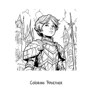 Coloring page of cartoon Saint Joan of Arc in comic style in a battle