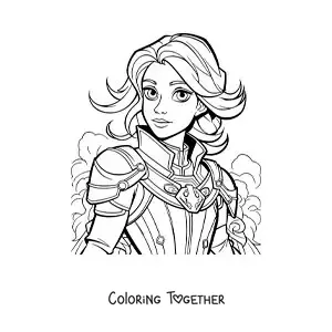Coloring page of a children's cartoon of Joan of Arc