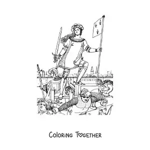 Coloring page of Saint Joan of Arc in a battle