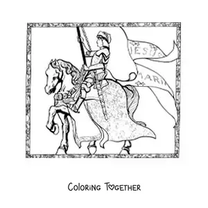 Coloring page of Joan of Arc on her horse