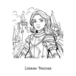 Coloring page of Joan of Arc wearing her armor