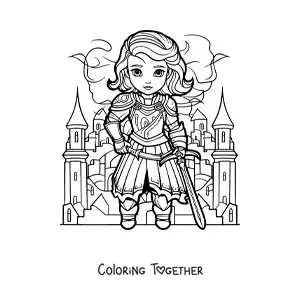 Coloring page of kawaii Joan of Arc with her sword in a battle
