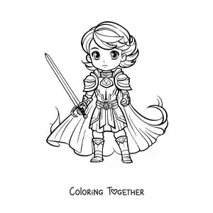 Coloring page of kawaii Joan of Arc with her sword