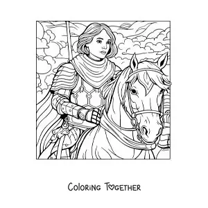 Coloring page of cartoon Joan of Arc with her horse