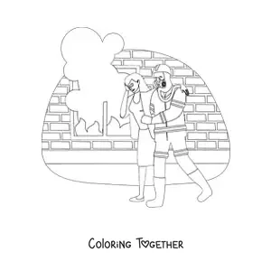 Coloring page of a firefighter rescuing a woman from the flames