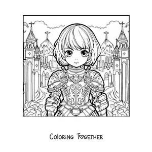 Coloring page of kawaii Saint Joan of Arc in anime style