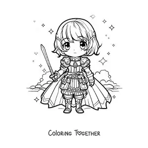 Coloring page of kawaii Saint Joan of Arc in chibi style
