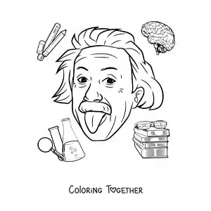 Coloring page of the scientist Albert Einstein in cartoon style sticking out his tongue