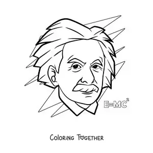Coloring page of the scientist Albert Einstein in cartoon style with a physics formula