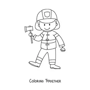 Coloring page of an animated firefighter holding an axe
