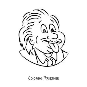 Coloring page of a children's cartoon of Albert Einstein sticking out his tongue