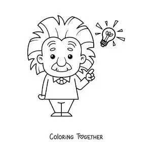 Coloring page of an easy cartoon Albert Einstein with a light bulb