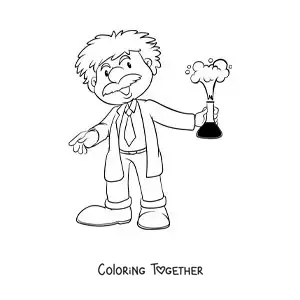 Coloring page of the physicist Albert Einstein in cartoon style wearing a lab coat