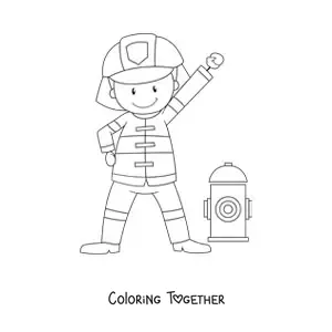 Coloring page of a smiling animated firefighter next to a hydrant
