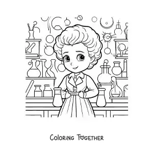 Coloring page of cartoon Marie Curie in her laboratory for kids