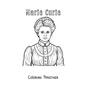 Coloring page of cartoon Marie Curie with her name