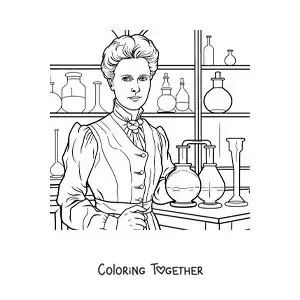 Coloring page of cartoon Marie Curie in her chemistry laboratory