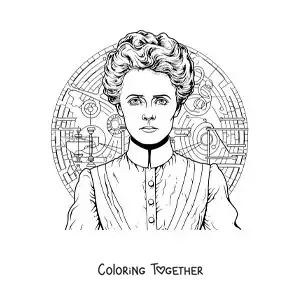 Coloring page of a realistic portrait of Marie Curie