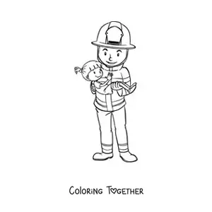 Coloring page of a firefighter rescuing a girl