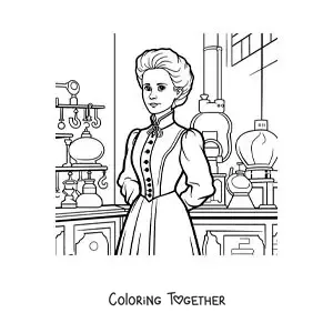 Coloring page of Marie Curie in her laboratory