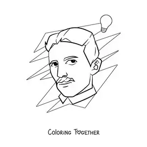 Coloring page of Nikola Tesla and a light bulb powered by alternating current