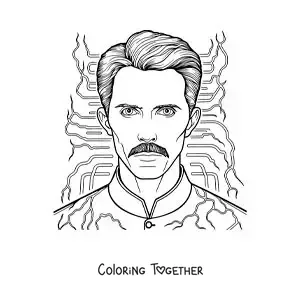 Coloring page of Nikola Tesla with bolts of alternating current