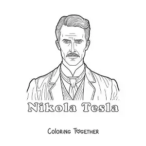 Coloring page of a portrait of Nikola Tesla with his name