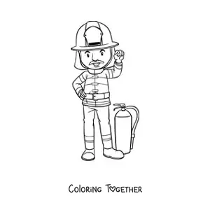 Coloring page of a uniformed firefighter next to a fire extinguisher