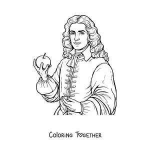 Coloring page of a portrait of Isaac Newton with an apple