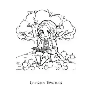 Coloring page of cartoon Isaac Newton reading under an apple tree