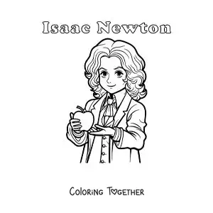 Coloring page of cartoon Isaac Newton with an apple and with his name