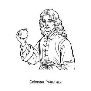 Coloring page of an easy portrait of Isaac Newton with an apple
