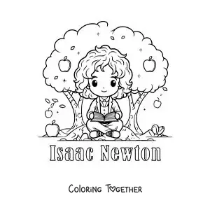 Coloring page of kawaii Isaac Newton reading under an apple tree