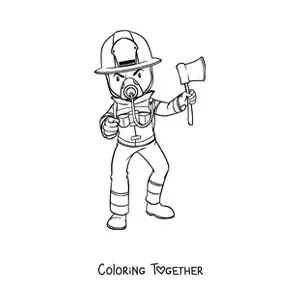 Coloring page of a firefighter with a protective mask and an axe